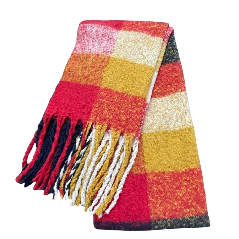 Large Plaid Check Blanket Scarf - Red, Gold & Navy